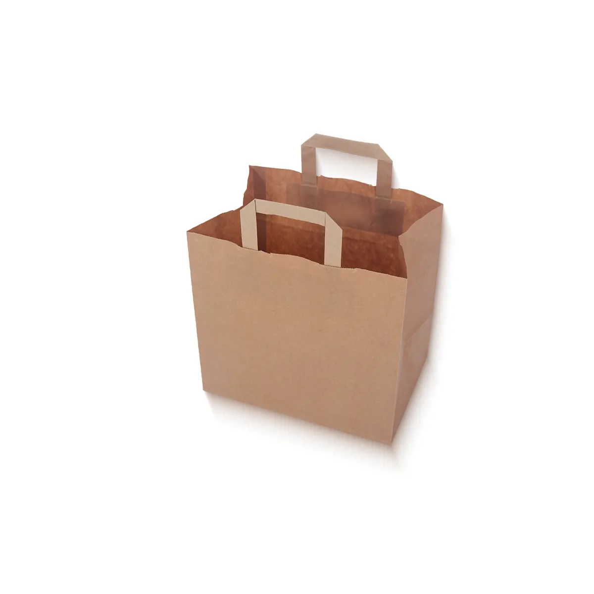 Papier-Tragetasche-32x22x27cm-Extra-Breitformat-VerpaX Extra breite braune Papiertragetasche 32+22x27 cm aus Kraftpapier, Produktnummer 19403227 von VerpaX, ideal für Catering und große Einkäufe.