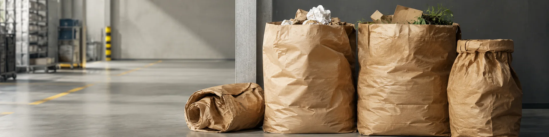 Braune und weiße Papierbeutel in verschiedenen Größen in einem Warenlager