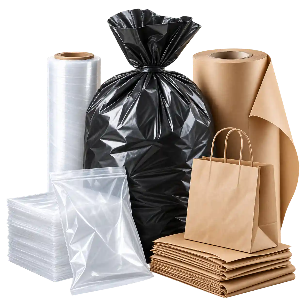 B2B-Verpackungen: Müllsack, Stretchfolie, Kunststoffbeutel, Verpackungspapier und Papiertragetaschen.