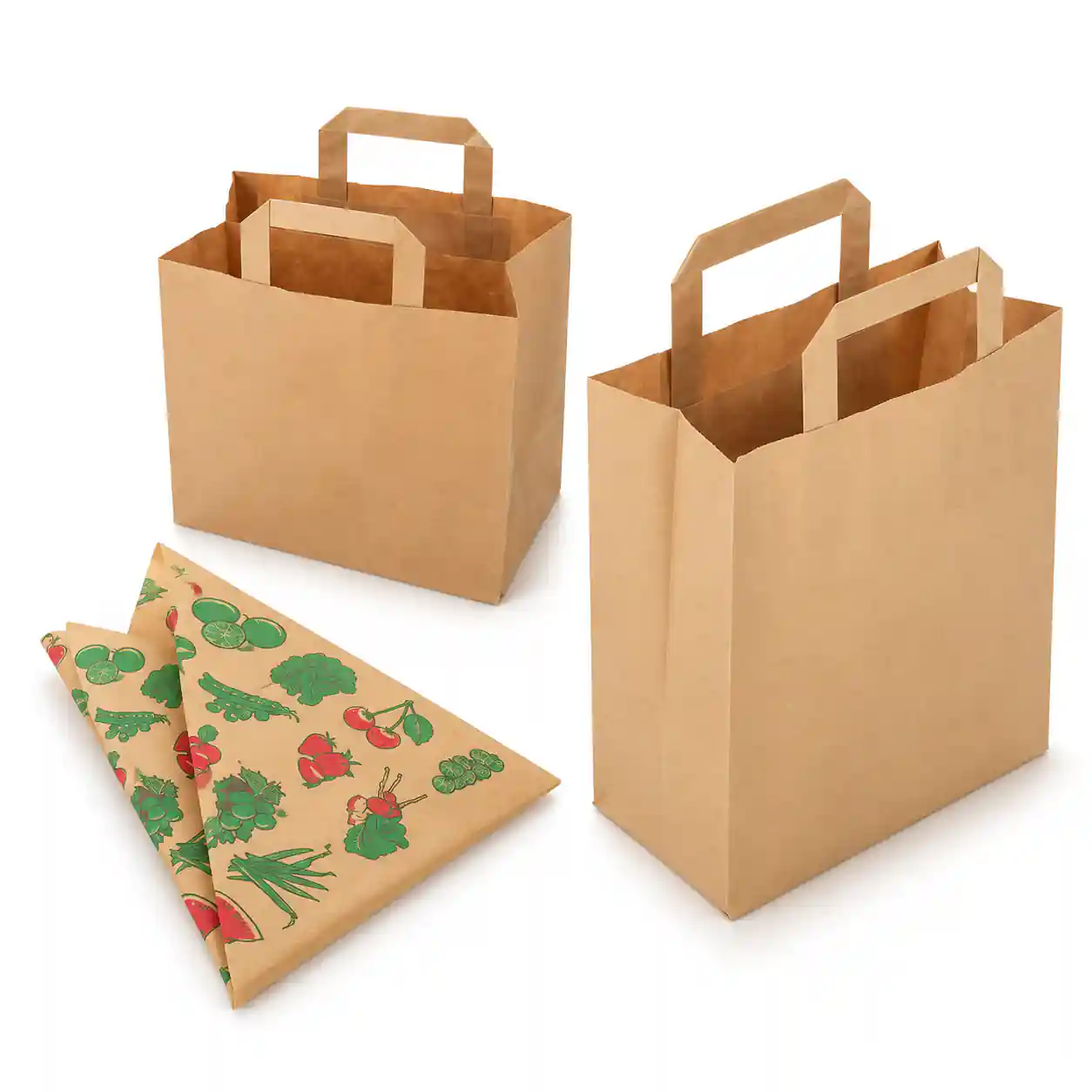 Braune Papierbeutel und Papiertragetaschen aus Kraftpapier sowie bedruckte Spitztüten auf weißem Hintergrund.