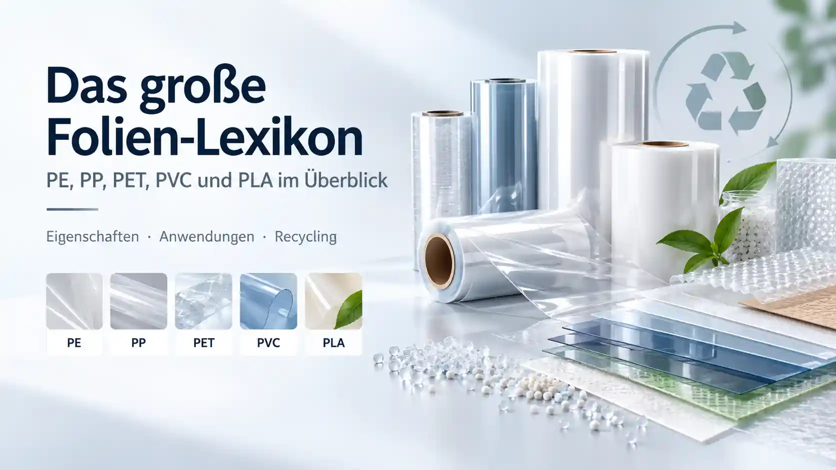 Folien-Lexikon mit verschiedenen Kunststofffolien, Folienrollen und Granulat sowie einer Übersicht zu PE, PP, PET, PVC und PLA.