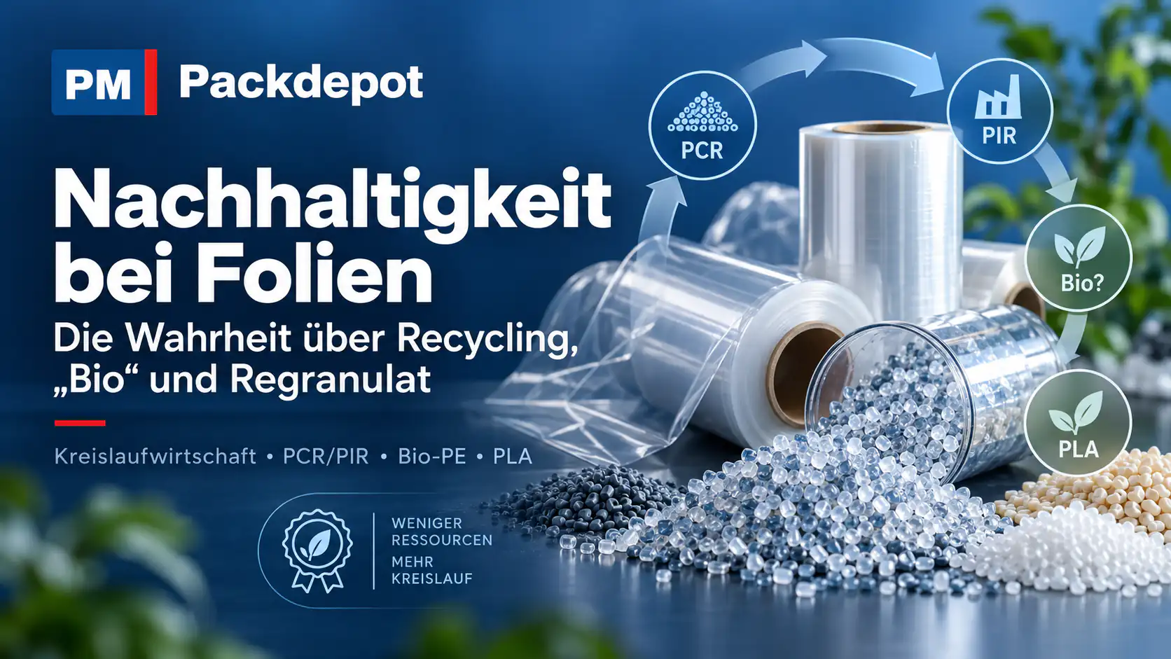 Headerbild zu Nachhaltigkeit bei Folien mit Folienrollen, Kunststoffgranulat sowie Symbolen für PCR, PIR, Bio und PLA.